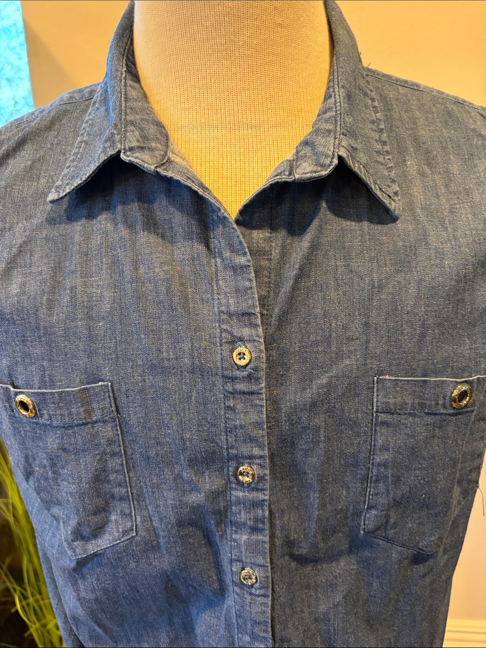 Anne Klein Sleeveless Tie-Front Denim Shirt - Blue - Picture 3 of 4